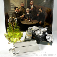 Load image into Gallery viewer, Antique French Baccarat Crystal Green Chartreuse Liquor Service Tantalus Whiskey Set, Bronze Caddy