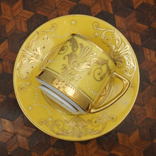 Load image into Gallery viewer, Antique German Fraureuth Porcelain Cup Saucer Demitasse Raised Gold Enamel Yellow