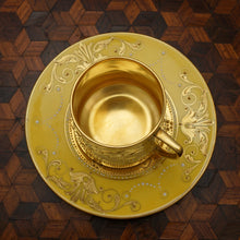 Load image into Gallery viewer, Antique German Fraureuth Porcelain Cup Saucer Demitasse Raised Gold Enamel Yellow