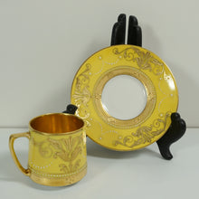 Load image into Gallery viewer, Antique German Fraureuth Porcelain Cup Saucer Demitasse Raised Gold Enamel Yellow