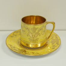 Load image into Gallery viewer, Antique German Fraureuth Porcelain Cup Saucer Demitasse Raised Gold Enamel Yellow
