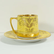 Load image into Gallery viewer, Antique German Fraureuth Porcelain Cup Saucer Demitasse Raised Gold Enamel Yellow