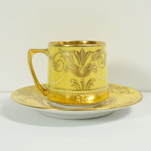 Antique German Fraureuth Porcelain Cup Saucer Demitasse Raised Gold Enamel Yellow