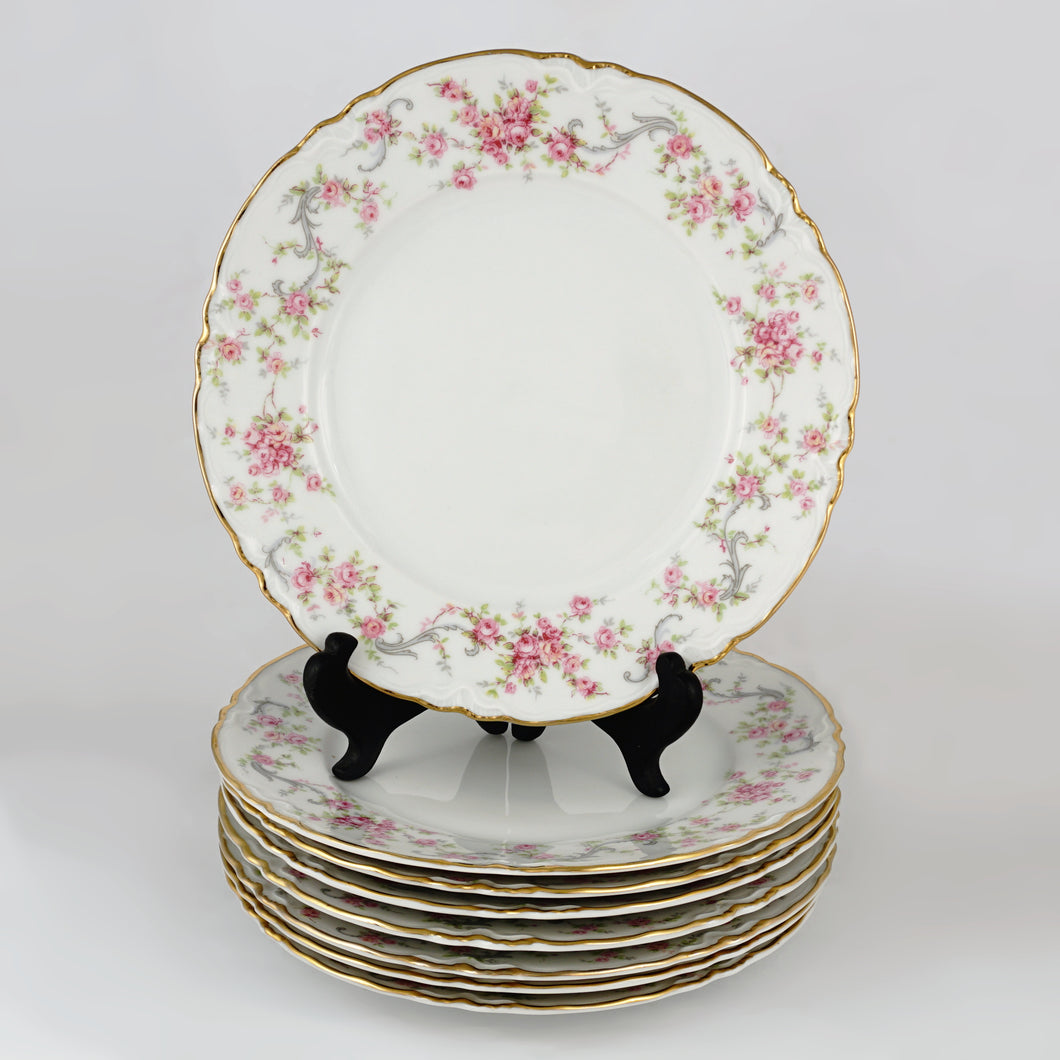 8 Hutschenreuther Bavaria Germany Porcelain Plates Set Richelieu Roses Gilt Trim