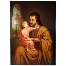 Load image into Gallery viewer, Antique Religious Portrait of Saint Joseph & Baby Jesus French or Austrian School Oil Painting on Canvas