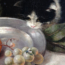 Load image into Gallery viewer, Still Life Portrait Cat and Fruit, 19thc German Oil Painting Signed