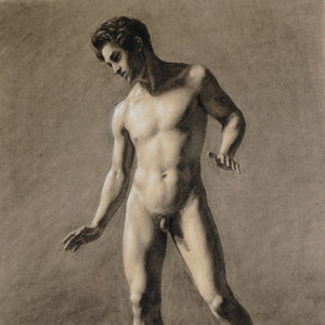 Antique French Academic Charcoal Life Drawing of Standing Male Figure