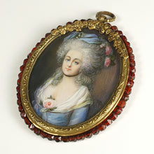 Load image into Gallery viewer, Antique French Miniature Portrait Painting, Gilt Bronze & Garnet Jeweled Frame