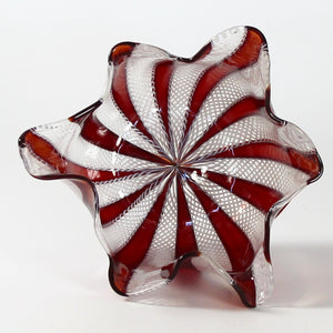 Murano Italy Handkerchief Fazzoletto Vase Red White Zanfirico Lattice Ribbons Valentino Label Venetian Handblown Art Glass