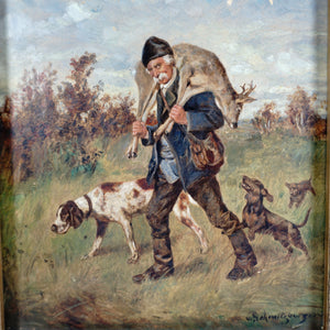 Josef Schmitzberger (1851 - 1940) German Oil Painting Hunting Genre, Dachshund, English Pointer, Hunter & Stag