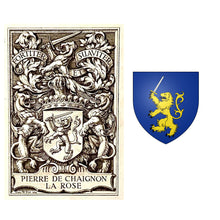 Load image into Gallery viewer, Antique French Carved Deer Antler Wax Seal Desk Stamp, Armorial Intaglio Matrix, de Chaignon Family Coat of Arms