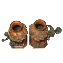 Load image into Gallery viewer, PAIR Antique French Bronze & Marble Vases, Putti Figures, Signed Auguste Moreau