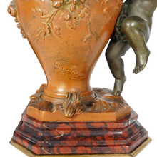 Load image into Gallery viewer, PAIR Antique French Bronze & Marble Vases, Putti Figures, Signed Auguste Moreau