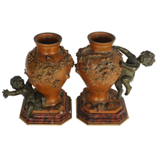 Load image into Gallery viewer, PAIR Antique French Bronze & Marble Vases, Putti Figures, Signed Auguste Moreau