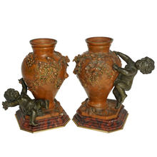 Load image into Gallery viewer, PAIR Antique French Bronze & Marble Vases, Putti Figures, Signed Auguste Moreau