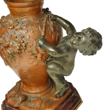 Load image into Gallery viewer, PAIR Antique French Bronze & Marble Vases, Putti Figures, Signed Auguste Moreau
