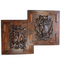 Load image into Gallery viewer, Antique Black Forest Carved Wood Panels PAIR Animal Plaques Hunting Game Trophy