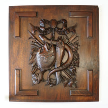 Load image into Gallery viewer, Antique Black Forest Carved Wood Panels PAIR Animal Plaques Hunting Game Trophy