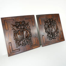 Load image into Gallery viewer, Antique Black Forest Carved Wood Panels PAIR Animal Plaques Hunting Game Trophy