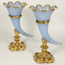 Load image into Gallery viewer, Pair Antique French Opaline Glass Cornucopia Horn Vases Dore Bronze Mounts