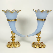 Load image into Gallery viewer, Pair Antique French Opaline Glass Cornucopia Horn Vases Dore Bronze Mounts