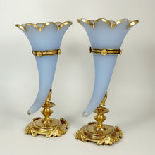 Load image into Gallery viewer, Pair Antique French Opaline Glass Cornucopia Horn Vases Dore Bronze Mounts