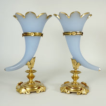 Load image into Gallery viewer, Pair Antique French Opaline Glass Cornucopia Horn Vases Dore Bronze Mounts