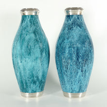 Load image into Gallery viewer, Pair Antique French Sterling Silver Mounted Vases Blue Flambe Glazed Pottery