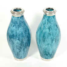 Load image into Gallery viewer, Pair Antique French Sterling Silver Mounted Vases Blue Flambe Glazed Pottery