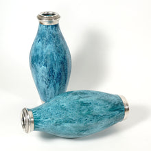 Load image into Gallery viewer, Pair Antique French Sterling Silver Mounted Vases Blue Flambe Glazed Pottery