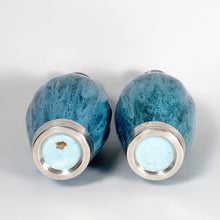 Load image into Gallery viewer, Pair Antique French Sterling Silver Mounted Vases Blue Flambe Glazed Pottery