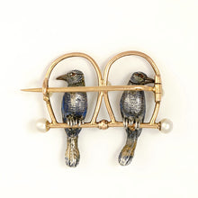 Load image into Gallery viewer, Antique Victorian 18K Rose Gold & Silver French Bird Brooch, Diamonds & Pearls, Ruby Eyes