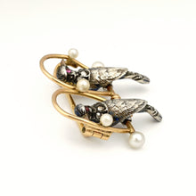 Load image into Gallery viewer, Antique Victorian 18K Rose Gold & Silver French Bird Brooch, Diamonds & Pearls, Ruby Eyes