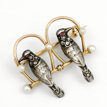 Load image into Gallery viewer, Antique Victorian 18K Rose Gold & Silver French Bird Brooch, Diamonds & Pearls, Ruby Eyes