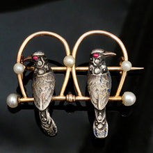 Load image into Gallery viewer, Antique Victorian 18K Rose Gold & Silver French Bird Brooch, Diamonds & Pearls, Ruby Eyes