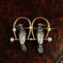 Load image into Gallery viewer, Antique Victorian 18K Rose Gold & Silver French Bird Brooch, Diamonds & Pearls, Ruby Eyes