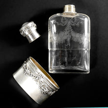 Load image into Gallery viewer, French Sterling Silver Liquor Whiskey Hip Flask Floral Engraved Glass