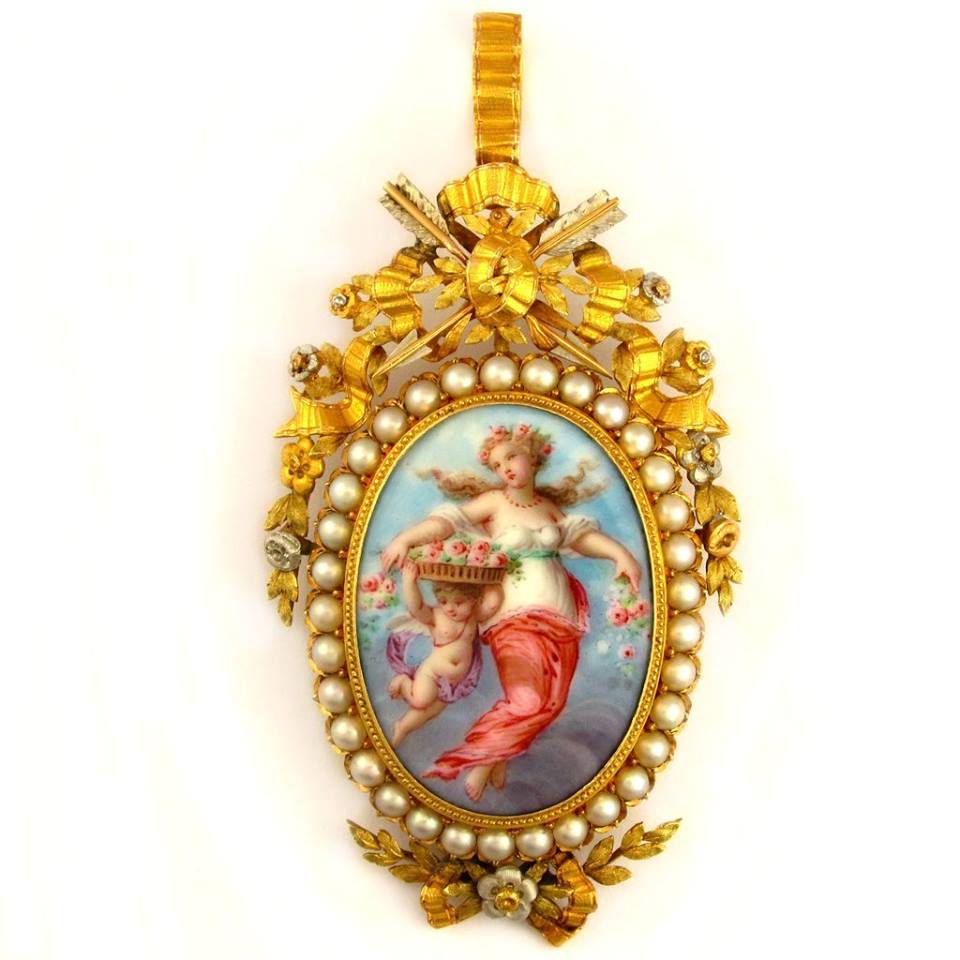 Antique French 19th century 18k yellow gold brooch; pendant; enamel on copper miniature portrait of a lady and cherub, birds, art, artwork; pearls and arrows