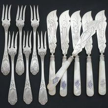 Load image into Gallery viewer, 12pc French Sterling Silver Mother of Pearl Fish Fork & Knife Set, Rare Engraved Sea Life, Flatware Cutlery