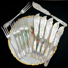 Load image into Gallery viewer, 12pc French Sterling Silver Mother of Pearl Fish Fork & Knife Set, Rare Engraved Sea Life, Flatware Cutlery
