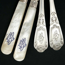 Load image into Gallery viewer, 12pc French Sterling Silver Mother of Pearl Fish Fork & Knife Set, Rare Engraved Sea Life, Flatware Cutlery