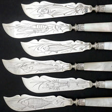 Load image into Gallery viewer, 12pc French Sterling Silver Mother of Pearl Fish Fork & Knife Set, Rare Engraved Sea Life, Flatware Cutlery