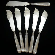 Load image into Gallery viewer, 12pc French Sterling Silver Mother of Pearl Fish Fork & Knife Set, Rare Engraved Sea Life, Flatware Cutlery