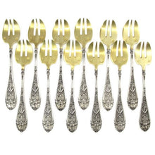 Load image into Gallery viewer, 12 Antique French Sterling Silver & Gilt Vermeil Oyster Forks