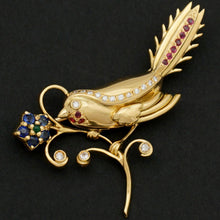 Load image into Gallery viewer, 14K Yellow Gold Bird Flower Brooch | Diamond Ruby Sapphire Emerald 9.2g | Vintage Jewelry Pin