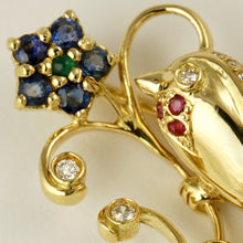 Load image into Gallery viewer, 14K Yellow Gold Bird Flower Brooch | Diamond Ruby Sapphire Emerald 9.2g | Vintage Jewelry Pin
