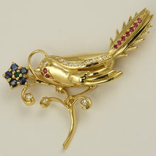 Load image into Gallery viewer, 14K Yellow Gold Bird Flower Brooch | Diamond Ruby Sapphire Emerald 9.2g | Vintage Jewelry Pin