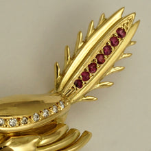Load image into Gallery viewer, 14K Yellow Gold Bird Flower Brooch | Diamond Ruby Sapphire Emerald 9.2g | Vintage Jewelry Pin