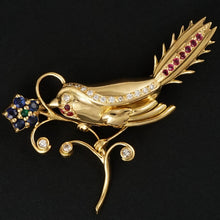 Load image into Gallery viewer, 14K Yellow Gold Bird Flower Brooch | Diamond Ruby Sapphire Emerald 9.2g | Vintage Jewelry Pin