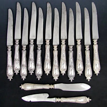 Load image into Gallery viewer, 14pc Ornate Antique French Sterling Silver Knives, With Cheese & Butter Knife Serving Set